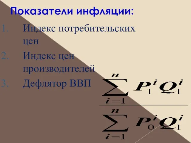 Показатели инфляции: Индекс потребительских цен Индекс цен производителей Дефлятор ВВП