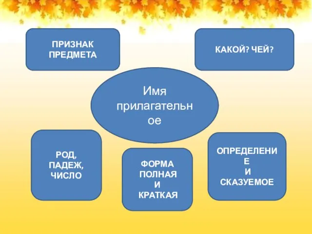 Имя прилагательное ПРИЗНАК ПРЕДМЕТА КАКОЙ? ЧЕЙ? РОД, ПАДЕЖ, ЧИСЛО ФОРМА ПОЛНАЯ И КРАТКАЯ ОПРЕДЕЛЕНИЕ И СКАЗУЕМОЕ