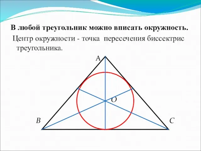 В любой треугольник можно вписать окружность. Центр окружности - точка пересечения