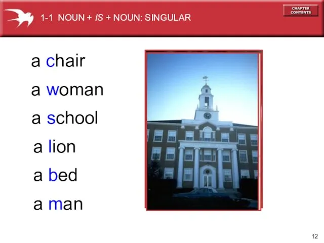 1-1 NOUN + IS + NOUN: SINGULAR a chair a woman