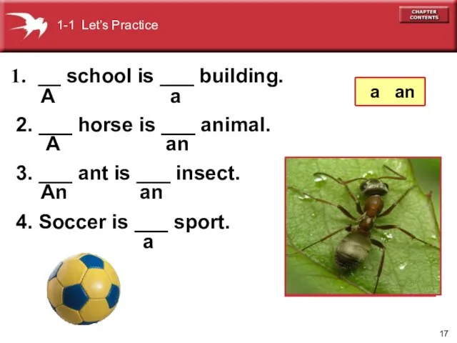 __ school is ___ building. 2. ___ horse is ___ animal.