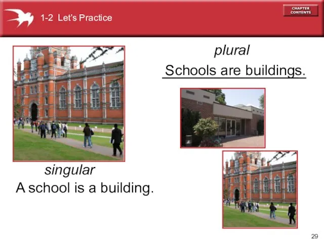 A school is a building. Schools are buildings. singular plural 1-2 Let’s Practice