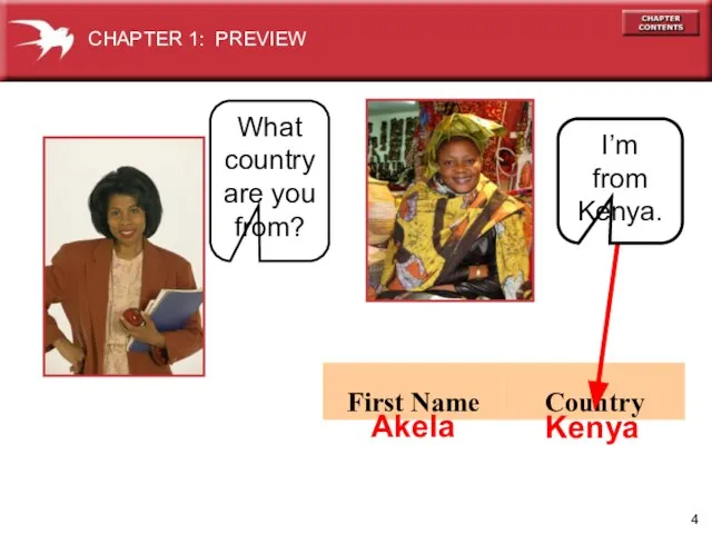 CHAPTER 1: PREVIEW Kenya What country are you from? Akela I’m from Kenya.