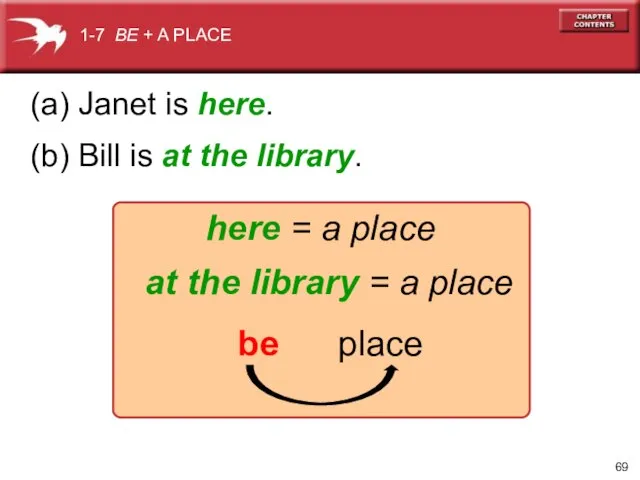 (a) Janet is here. (b) Bill is at the library. here