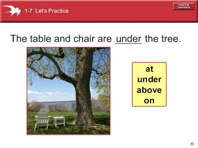 The table and chair are _____ the tree. under 1-7 Let’s Practice at under above on