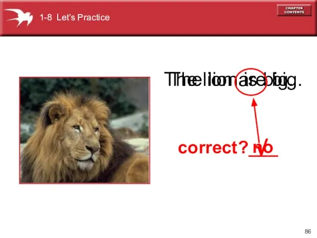 The lion is big. correct?___ The lion are big. no √ 1-8 Let’s Practice