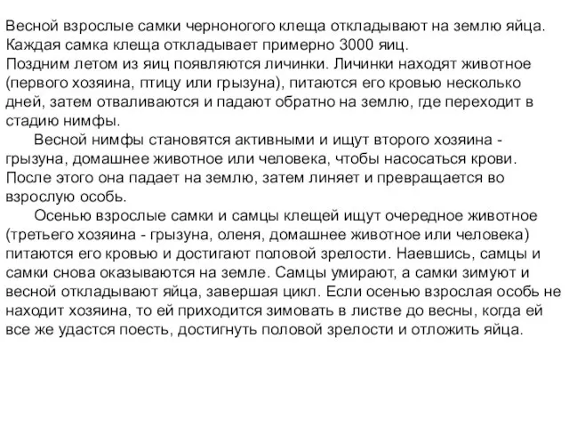 Весной взрослые самки черноногого клеща откладывают на землю яйца. Каждая самка