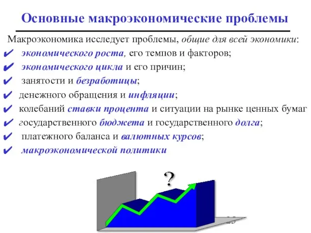 Основные макроэкономические проблемы Макроэкономика исследует проблемы, общие для всей экономики: экономического