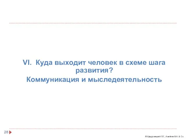 VI. Куда выходит человек в схеме шага развития? Коммуникация и мыследеятельность