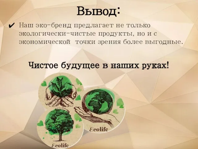 Вывод: Наш эко-бренд предлагает не только экологически-чистые продукты, но и с