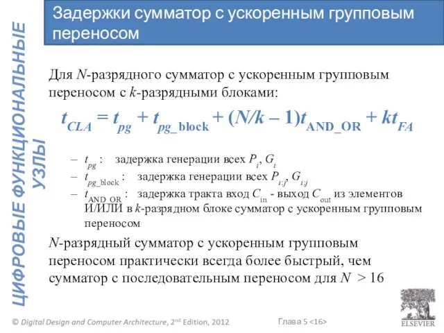 Для N-разрядного сумматор с ускоренным групповым переносом с k-разрядными блоками: tCLA