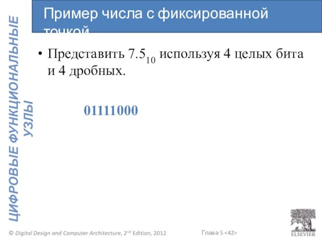 Представить 7.510 используя 4 целых бита и 4 дробных. 01111000 Пример числа с фиксированной точкой