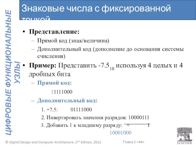 Представление: Прямой код (знак/величина) Дополнительный код (дополнение до основания системы счисления)