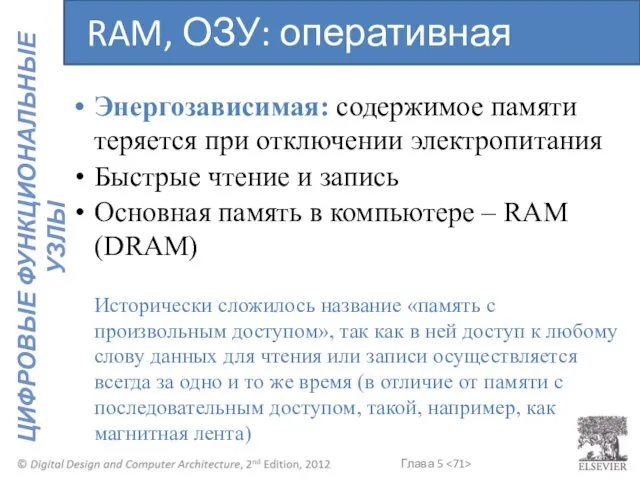 Энергозависимая: содержимое памяти теряется при отключении электропитания Быстрые чтение и запись