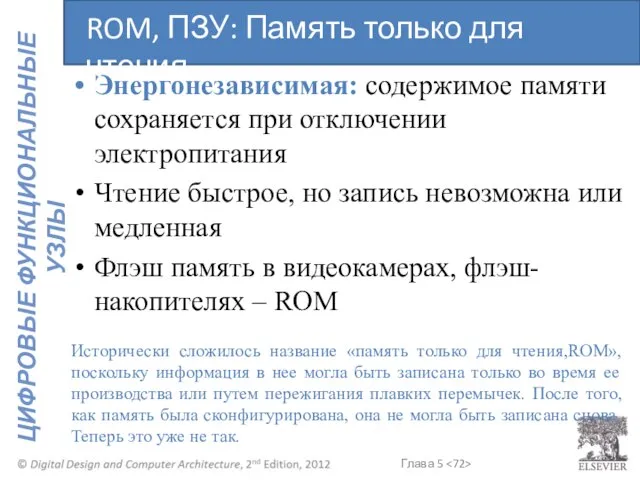 Энергонезависимая: содержимое памяти сохраняется при отключении электропитания Чтение быстрое, но запись