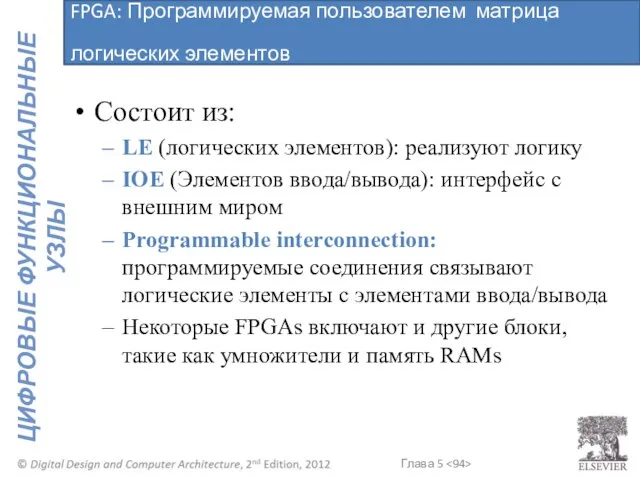 Состоит из: LE (логических элементов): реализуют логику IOE (Элементов ввода/вывода): интерфейс