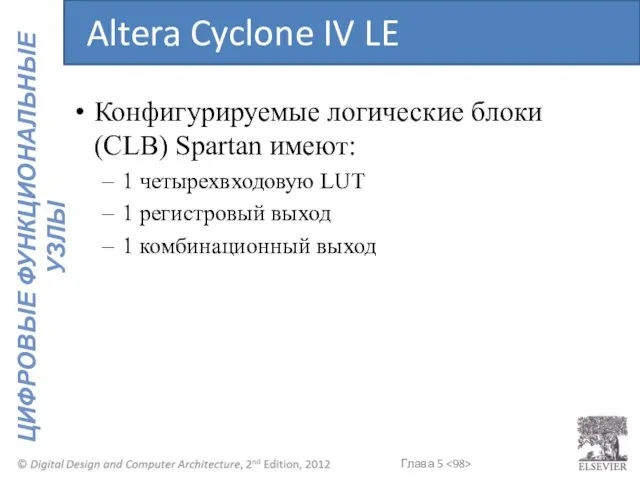 Конфигурируемые логические блоки (CLB) Spartan имеют: 1 четырехвходовую LUT 1 регистровый