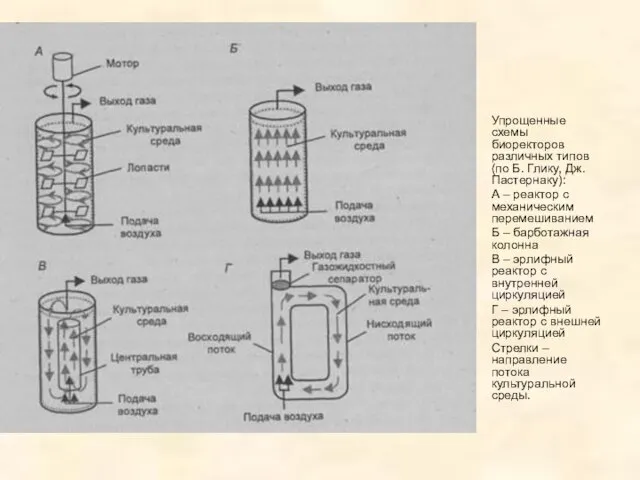 Упрощенные схемы биоректоров различных типов (по Б. Глику, Дж. Пастернаку): А