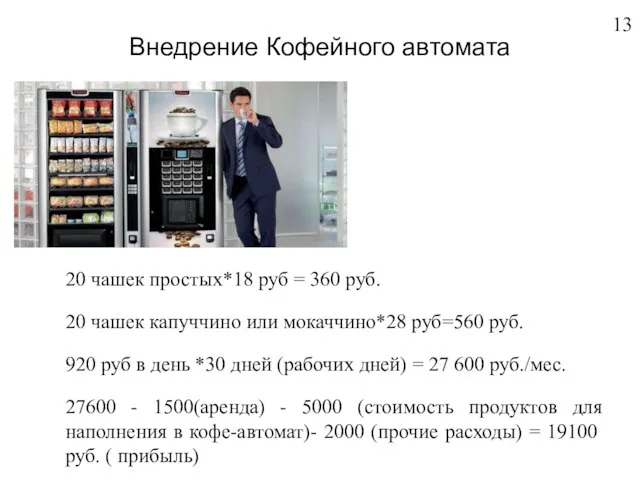 Внедрение Кофейного автомата 13 20 чашек простых*18 руб = 360 руб.