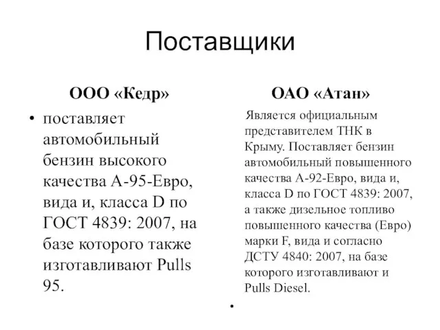 Поставщики OOO «Кедр» поставляет автомобильный бензин высокого качества А-95-Евро, вида и,