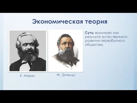 Экономическая теория Суть: возникает как результат естественного развития первобытного общества. К. Маркс Ф. Энгельс