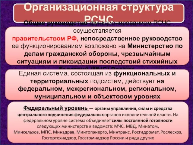 Организационная структура РСЧС Общее руководство функционированием РСЧС осуществляется правительством РФ, непосредственное