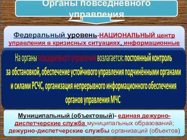 Органы повседневного управления Федеральный уровень-НАЦИОНАЛЬНЫЙ центр управления в кризисных ситуациях, информационные