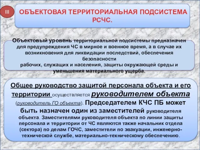 ОБЪЕКТОВАЯ ТЕРРИТОРИАЛЬНАЯ ПОДСИСТЕМА РСЧС. III Объектовый уровень территориальной подсистемы предназначен для