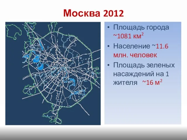 Москва 2012 Площадь города ~1081 км2 Население ~11.6 млн. человек Площадь