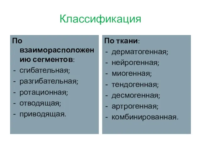 Классификация По взаиморасположению сегментов: сгибательная; разгибательная; ротационная; отводящая; приводящая. По ткани: