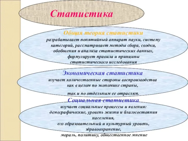 Статистика Общая теория статистики разрабатывает понятийный аппарат науки, систему категорий, рассматривает