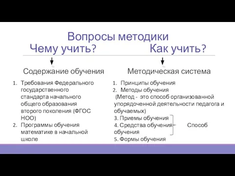 Вопросы методики Чему учить? Как учить? Содержание обучения Методическая система Принципы