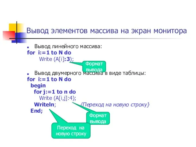 Вывод элементов массива на экран монитора Вывод линейного массива: for i:=1