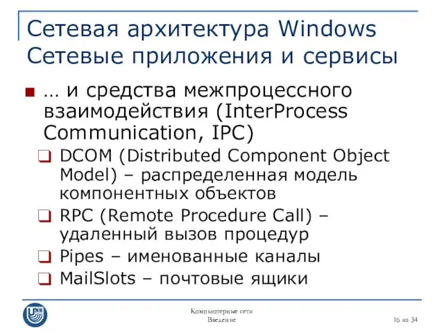 Компьютерные сети Введение из 34 Сетевая архитектура Windows Сетевые приложения и