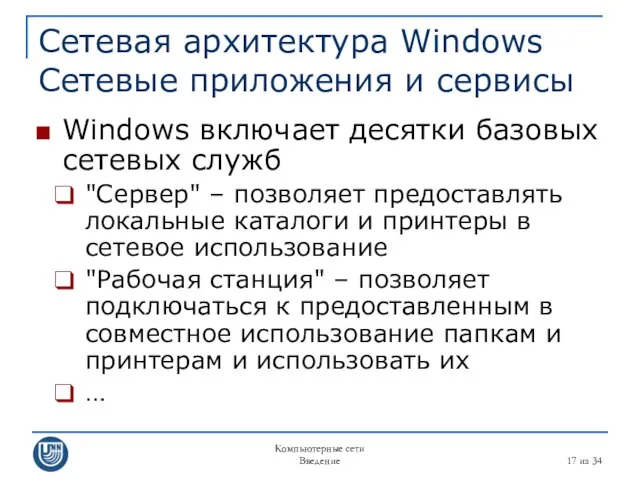 Компьютерные сети Введение из 34 Сетевая архитектура Windows Сетевые приложения и