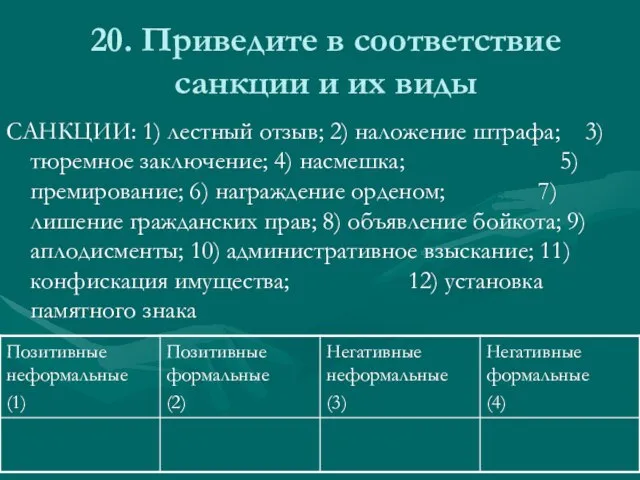 20. Приведите в соответствие санкции и их виды САНКЦИИ: 1) лестный