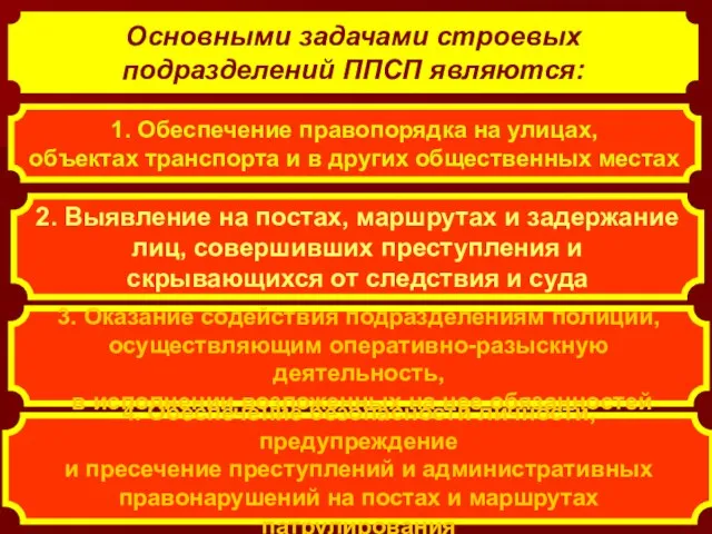 Основными задачами строевых подразделений ППСП являются: 1. Обеспечение правопорядка на улицах,