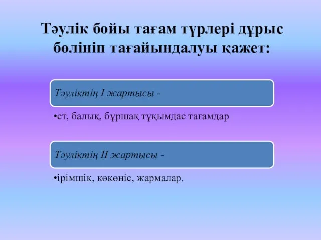 Тәулік бойы тағам түрлері дұрыс бөлініп тағайындалуы қажет: Тәуліктің І жартысы