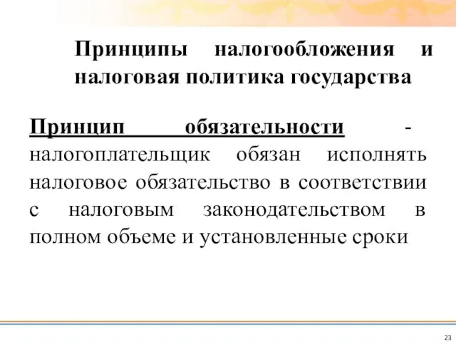 Принцип обязательности - налогоплательщик обязан исполнять налоговое обязательство в соответствии с