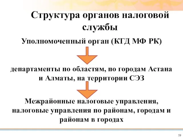 Структура органов налоговой службы Уполномоченный орган (КГД МФ РК) департаменты по