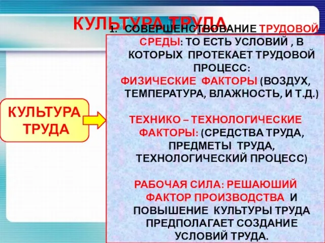 КУЛЬТУРА ТРУДА КУЛЬТУРА ТРУДА СОВЕРШЕНСТВОВАНИЕ ТРУДОВОЙ СРЕДЫ: ТО ЕСТЬ УСЛОВИЙ ,