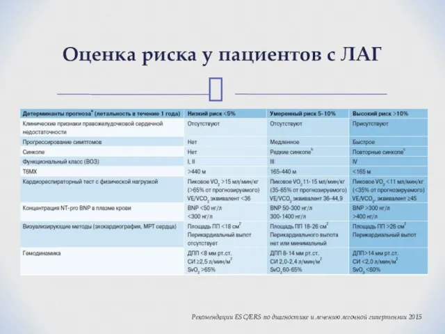 Оценка риска у пациентов с ЛАГ Рекомендации ESC/ERS по диагностике и лечению легочной гипертензии 2015