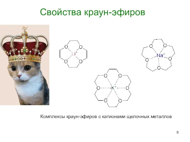 Свойства краун-эфиров Комплексы краун-эфиров с катионами щелочных металлов