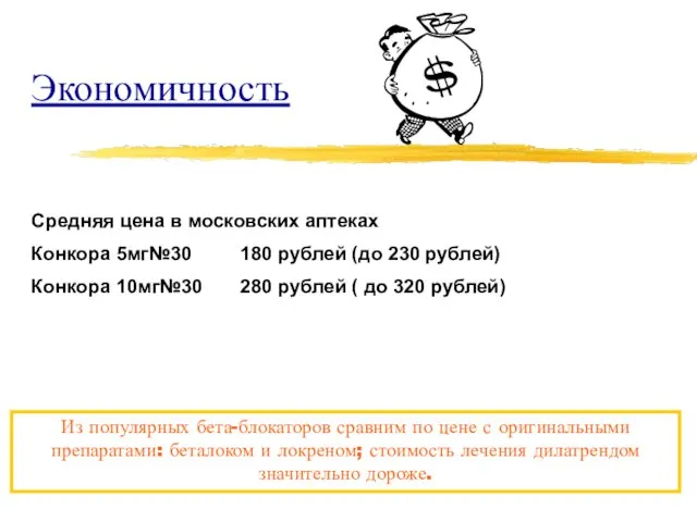 Экономичность Средняя цена в московских аптеках Конкора 5мг№30 180 рублей (до