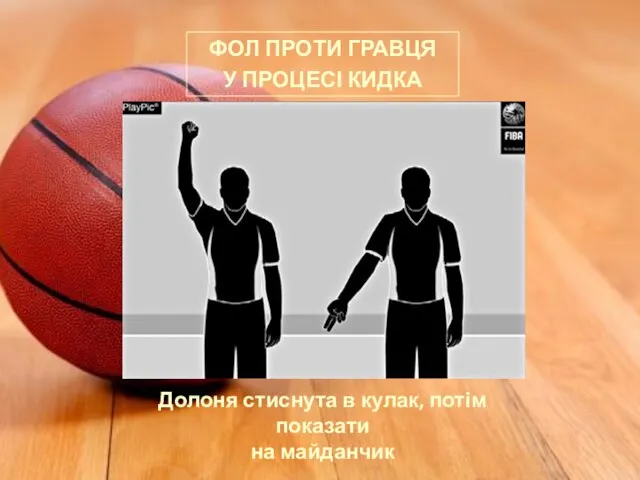 ФОЛ ПРОТИ ГРАВЦЯ У ПРОЦЕСІ КИДКА Долоня стиснута в кулак, потім показати на майданчик