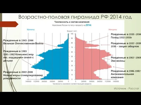 Возрастно-половая пирамида РФ 2014 год Источник - Росстат Рожденные в 1933