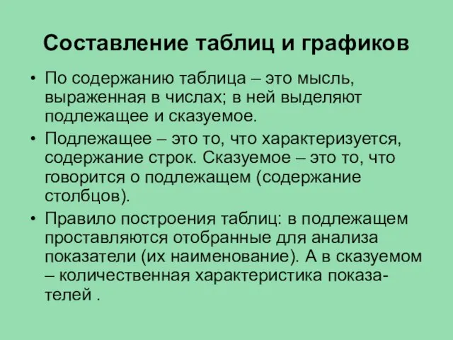 Составление таблиц и графиков По содержанию таблица – это мысль, выраженная