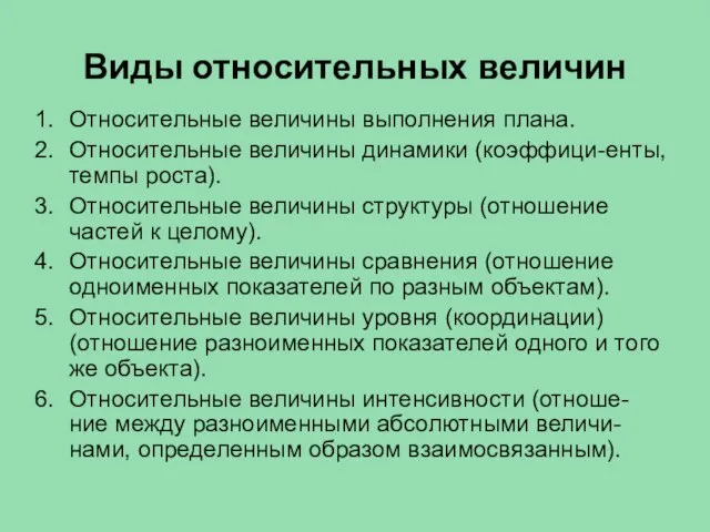 Виды относительных величин Относительные величины выполнения плана. Относительные величины динамики (коэффици-енты,