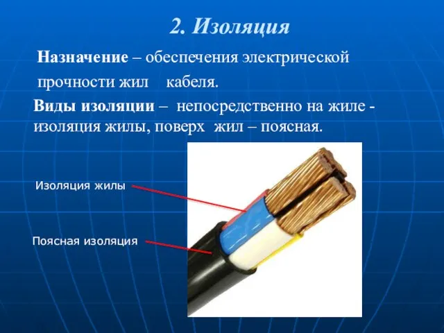 2. Изоляция Назначение – обеспечения электрической прочности жил кабеля. Виды изоляции