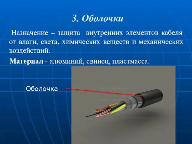 3. Оболочки Назначение – защита внутренних элементов кабеля от влаги, света,